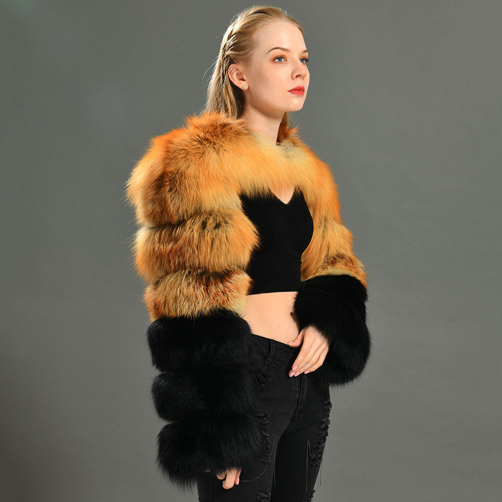 Jaxmonoy Real Fox Fur Coat Double Fur Sleeves Design