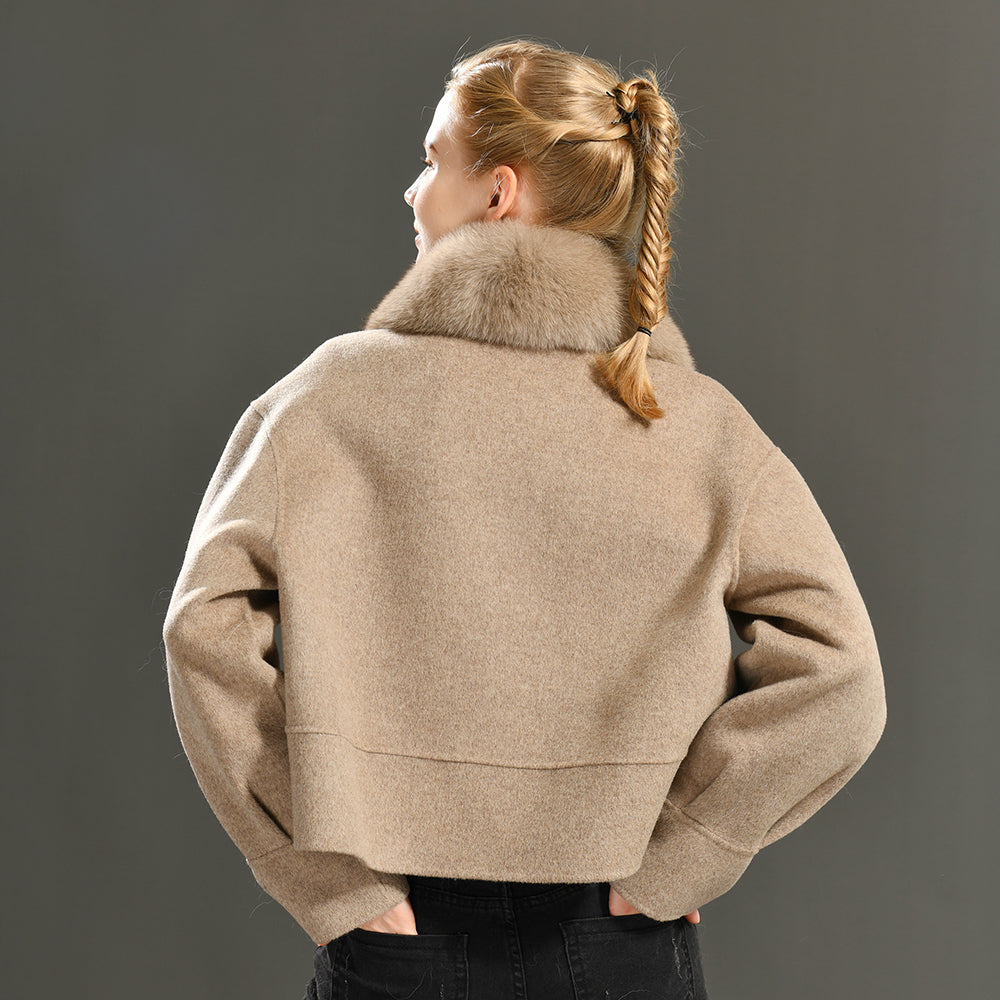 Jaxmonoy Women Cashmere Coat With Fur Collar Short Style