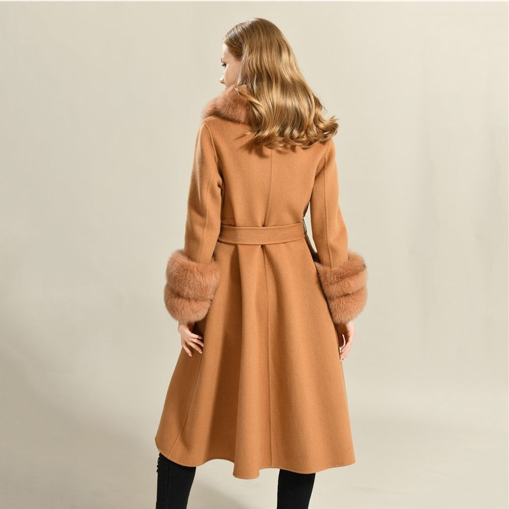 Jaxmonoy Women Cashmere Coat With Fur Collar And Cuffs