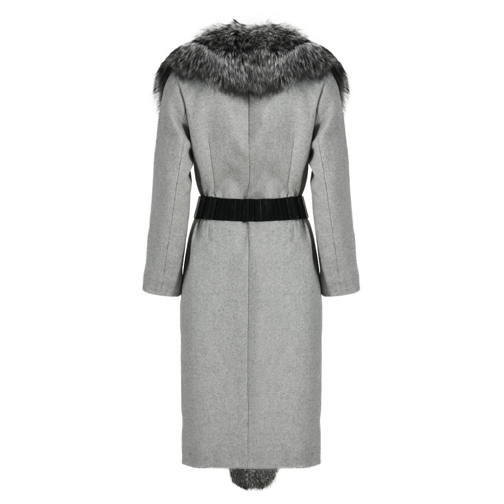 High Quality Belt Design Wool Coat With Real Big Fluffy Fox Fur Collar