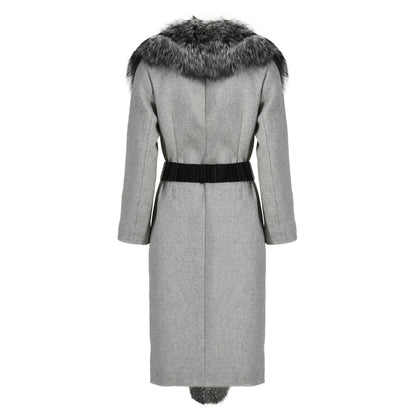 High Quality Belt Design Wool Coat With Real Big Fluffy Fox Fur Collar