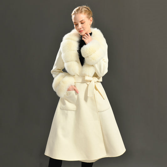 Jaxmonoy Long Cashmere Coat Big Size Real Fur Collar And Cuffs With Big Skirt