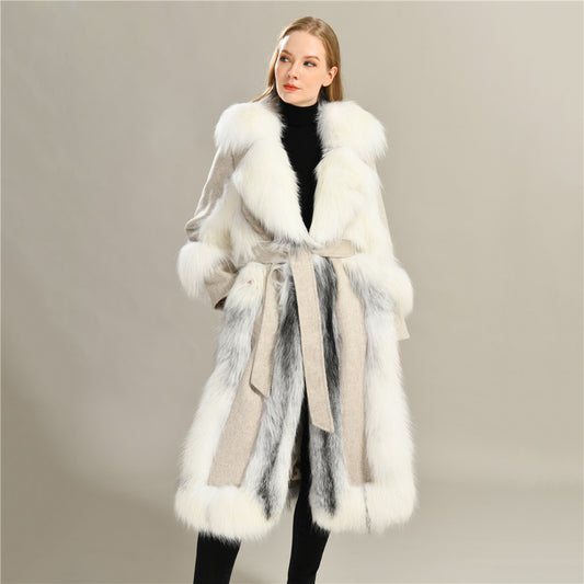 Jaxmonoy Women Wool Coat With Luxury Real Fur Collar And Belt