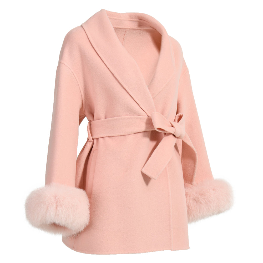 Regular Length High Quality Cashmere Coat With Real Fox Fur Cuffs Wholesale Winter 100% Women Wool Coat