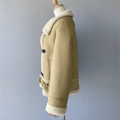 Warm Shearling Coat With Real Sheep Fur Belt Design Winter Women Genuine Shearling Jacket