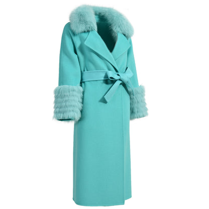 Colorful Long Cashmere Coat With Real Fox Fur Winter Fashion Trench Coat