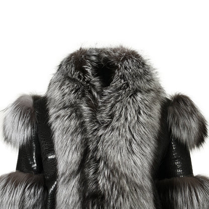 New Arrival Ladies Real Crocodile Leather Coat With Fox Fur