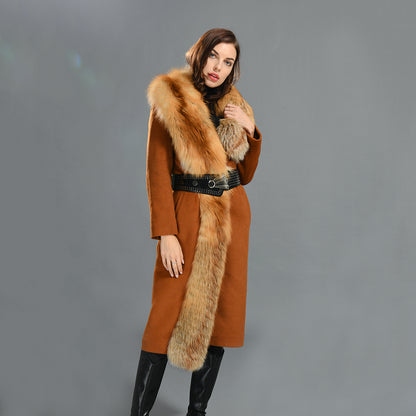 High Quality Belt Design Wool Coat With Real Big Fluffy Fox Fur Collar