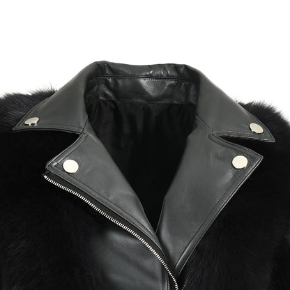 Turn-down Collar Real Fox Fur Zipper Belt Design Custom Genuine Leather Jacket Women