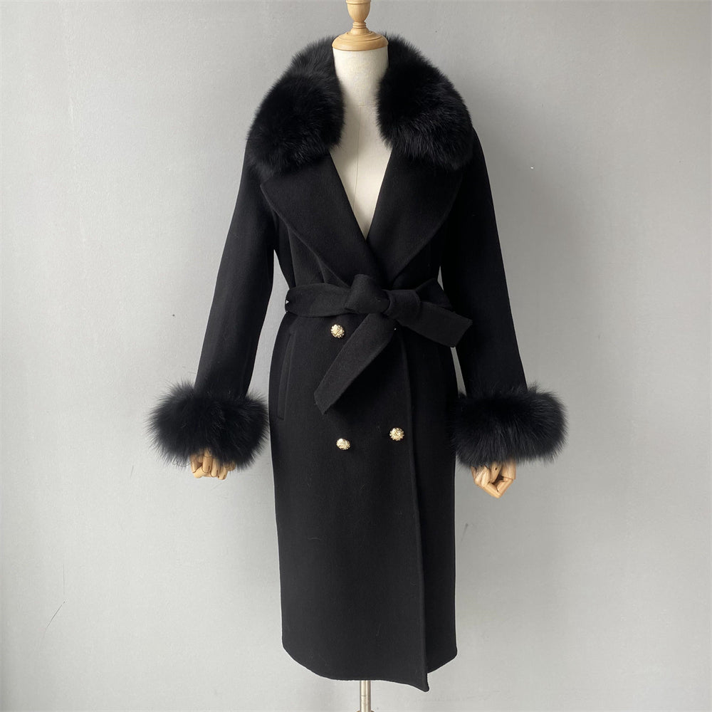 Jaxmonoy Slim Ladies Cashmere Coat Long Overcoat Real Fox Fur With Double-breasted