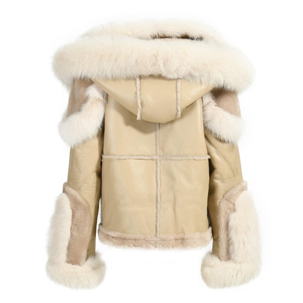 New Design Real Fox Fur Collar And Trim Genuine Leather Belt Fashion Women Leather Shearling Custom Coat