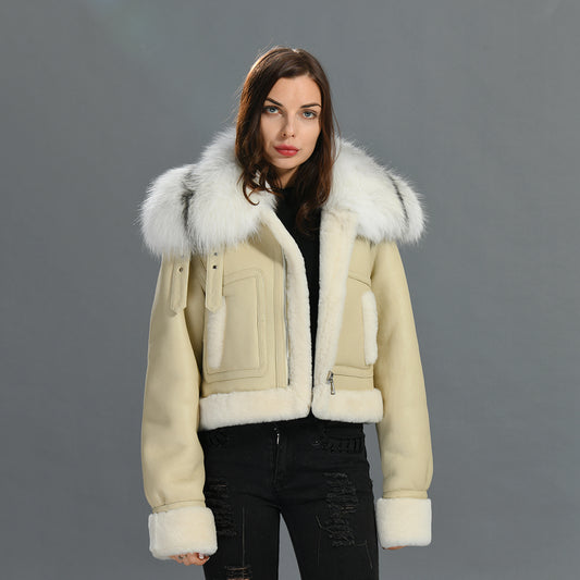 Winter Warm Thick Shearling Coat With Removable Real Luxury Fur Collar Women Genuine Shearling Jacket Coat