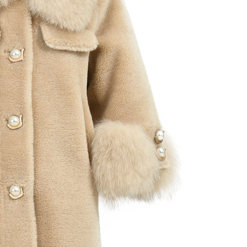 Children Long Sheep Fur Teddy Coat With Real Fox Fur Collar And Cuffs