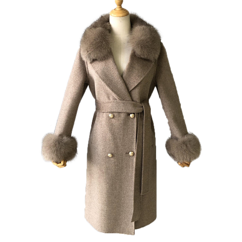 Jaxmonoy Slim Ladies Cashmere Coat Long Overcoat Real Fox Fur With Double-breasted