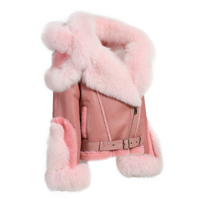 New Design Real Fox Fur Collar And Trim Genuine Leather Belt Fashion Women Leather Shearling Custom Coat