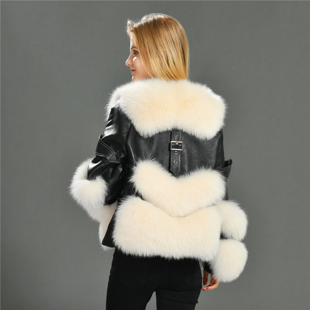 Streetwear Love Heart Shape Fox Fur Design Best Fashion Black Leather Jacket Womens