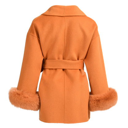 Regular Length High Quality Cashmere Coat With Real Fox Fur Cuffs Wholesale Winter 100% Women Wool Coat