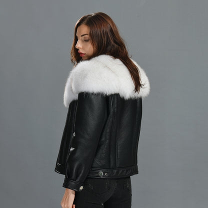 Luxury Fluffy Fox Fur Collar Regular Length Genuine Leather Shearling Jacket Women Custom