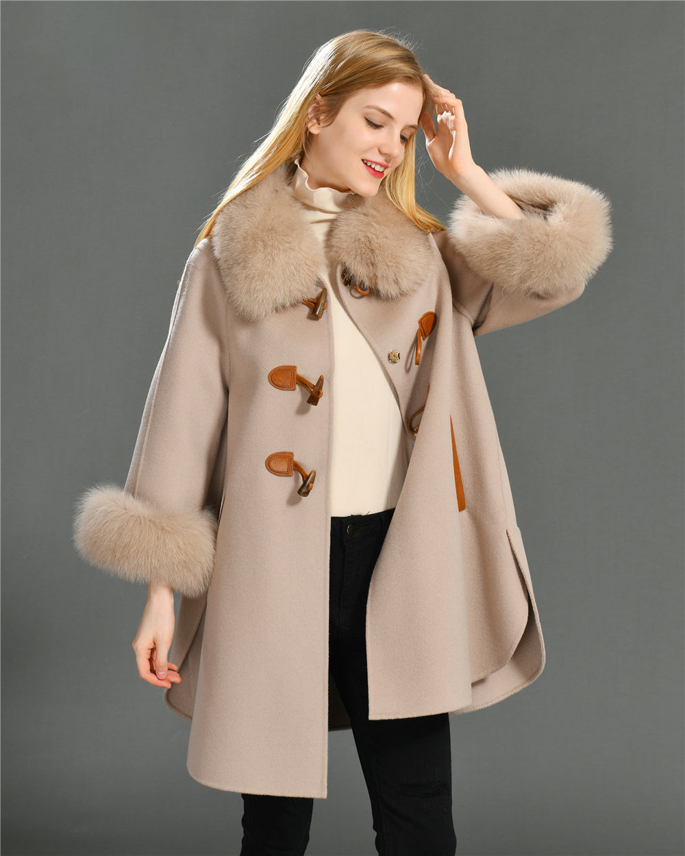 Jaxmonoy Double-faced Woolen Cashmere Coat Real Fox Fur Collar