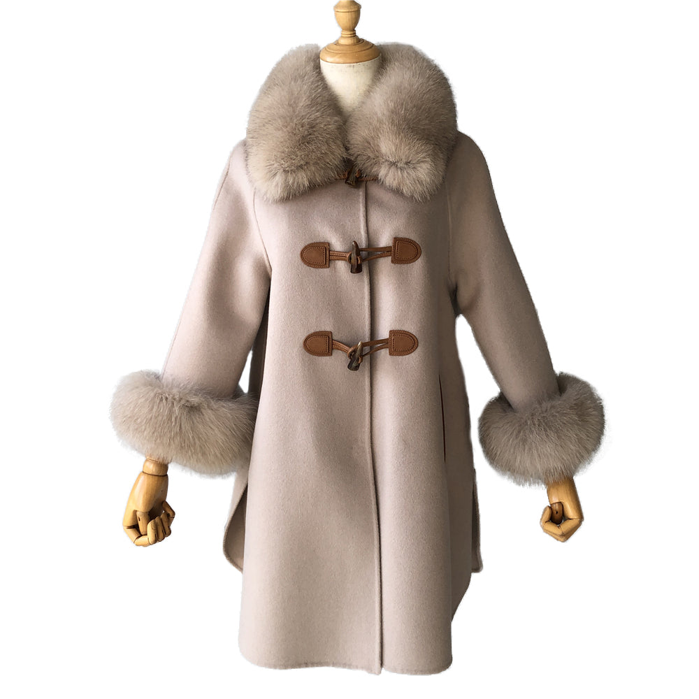 Jaxmonoy Double-faced Woolen Cashmere Coat Real Fox Fur Collar