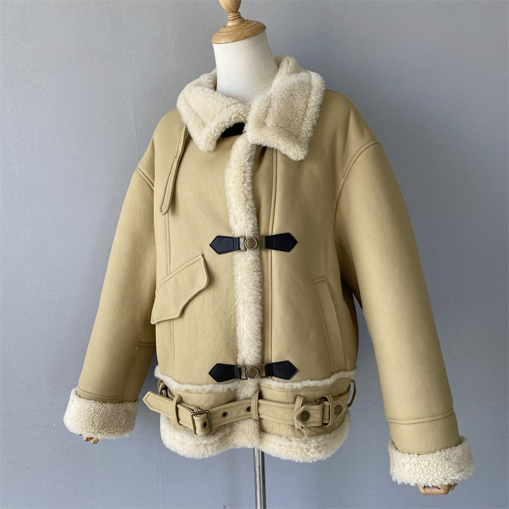 Warm Shearling Coat With Real Sheep Fur Belt Design Winter Women Genuine Shearling Jacket