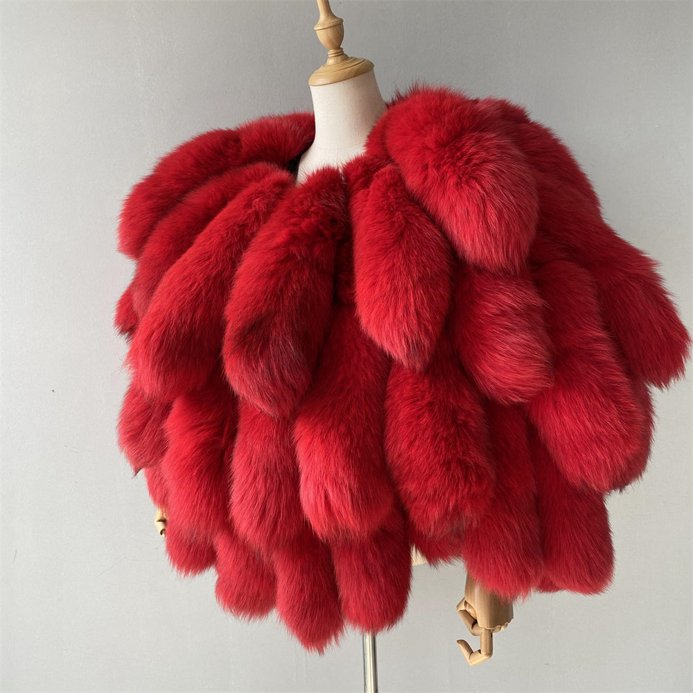 Fashion Genuine Fluffy Fox Fur Coat Winter Real Fox Fur Tails Coat