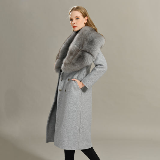 Jaxmonoy Modern Style Cashmere Coat With Luxurious Real Fox Fur Collar