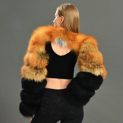 Jaxmonoy Real Fox Fur Coat Double Fur Sleeves Design