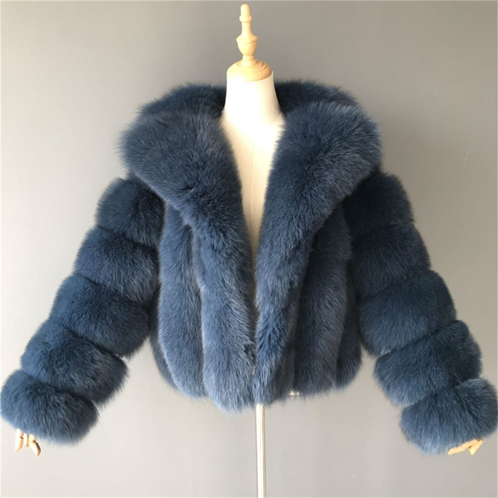 Jaxmonoy Real Fox Fur Coat With Big Double Face Fox Fur Collar