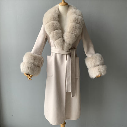 Jaxmonoy Women Cashmere Coat With Fur Collar And Cuffs