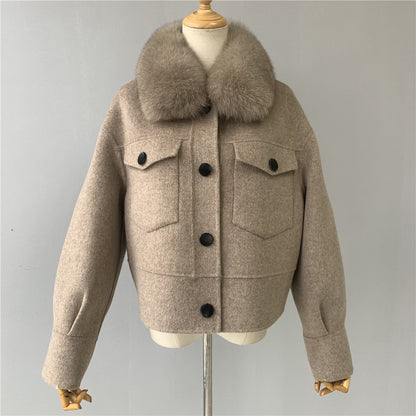 Jaxmonoy Women Cashmere Coat With Fur Collar Short Style