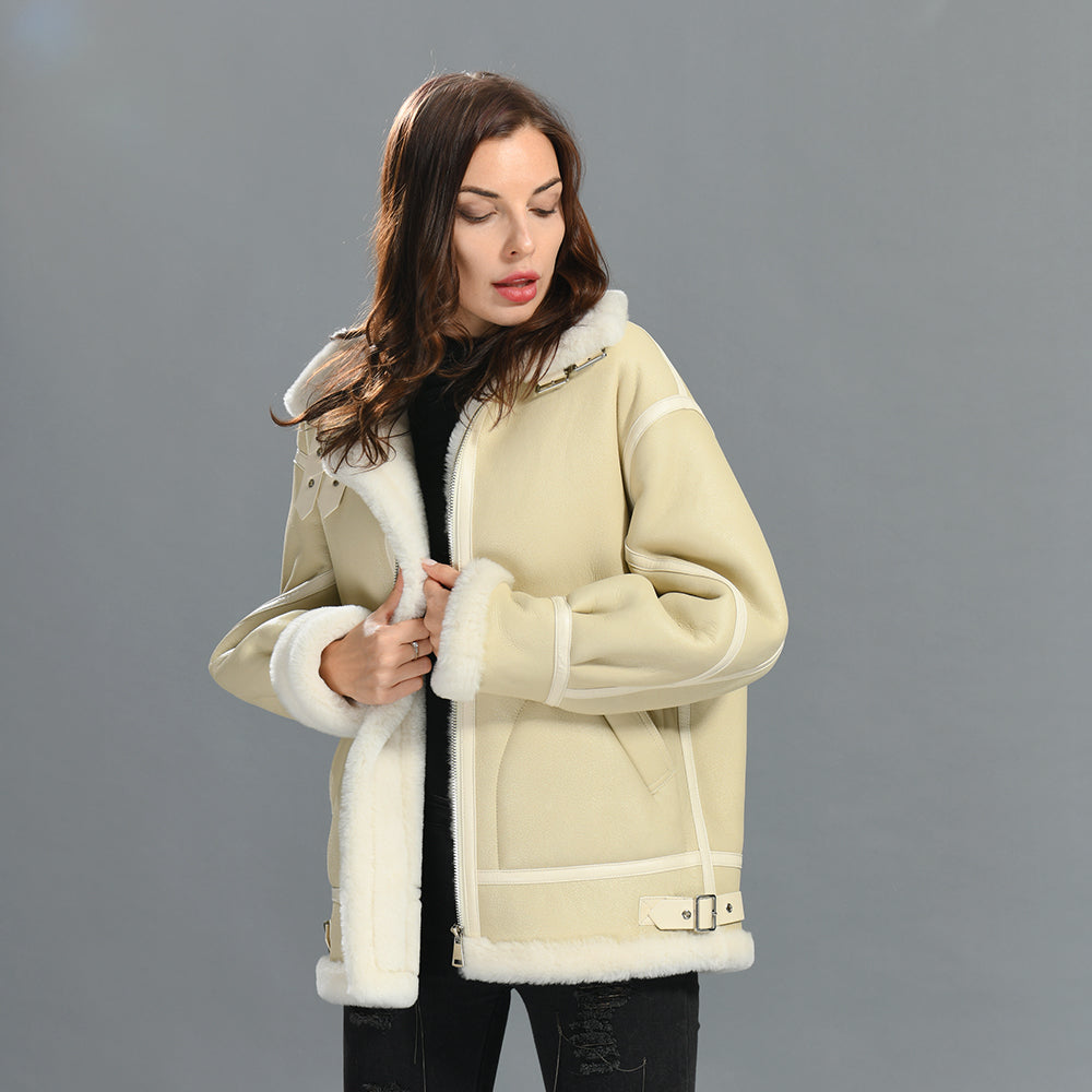 Turn-down V-neck Warm Thick Shearling Jacket With Fur Winter Women Genuine Shearling Coat