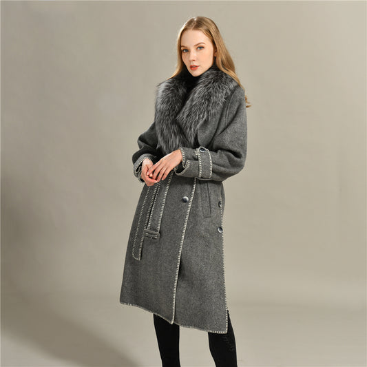 Jaxmonoy Fashionable Women Cashmere Coat With Big Real Fox Fur Collar