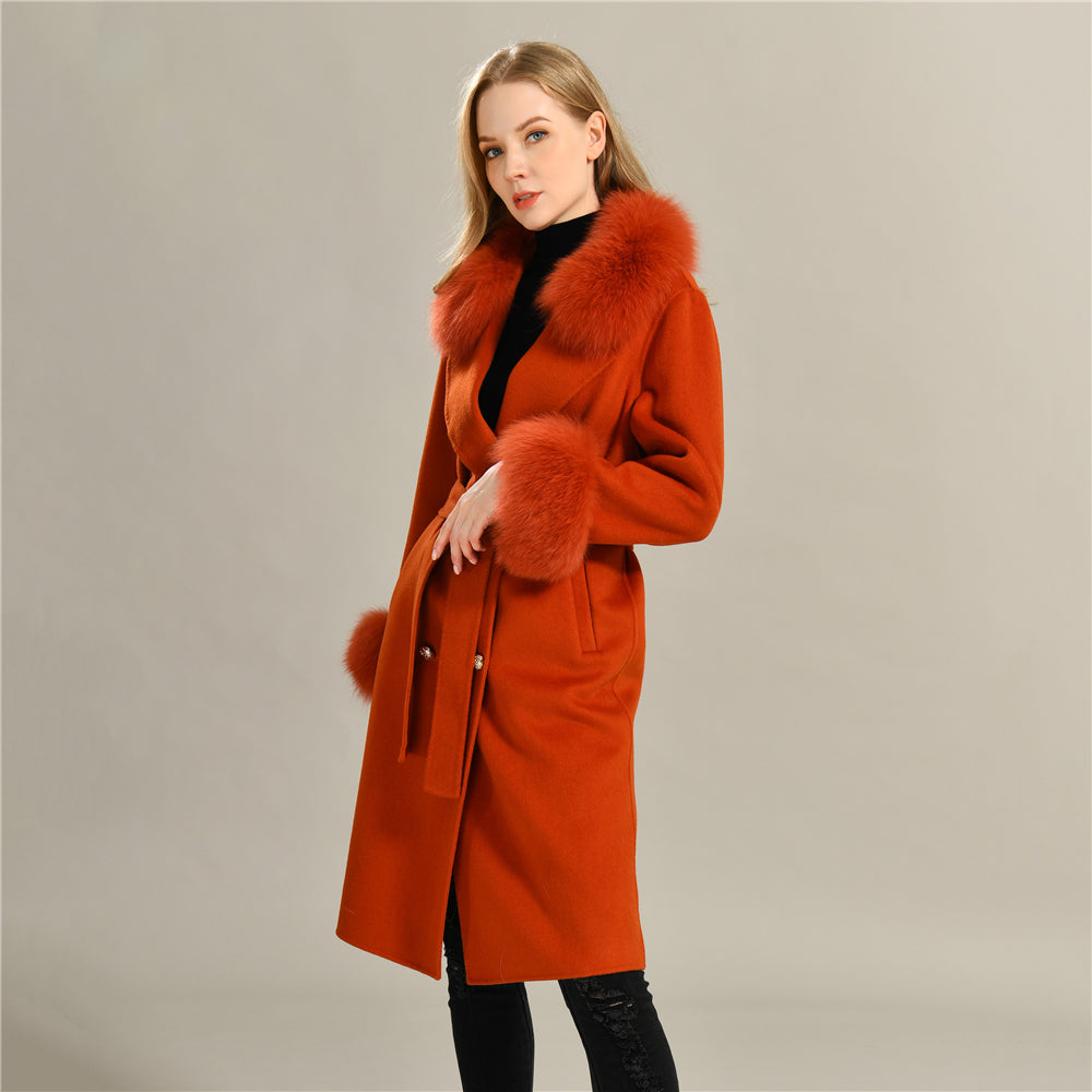 Jaxmonoy Slim Ladies Cashmere Coat Long Overcoat Real Fox Fur With Double-breasted