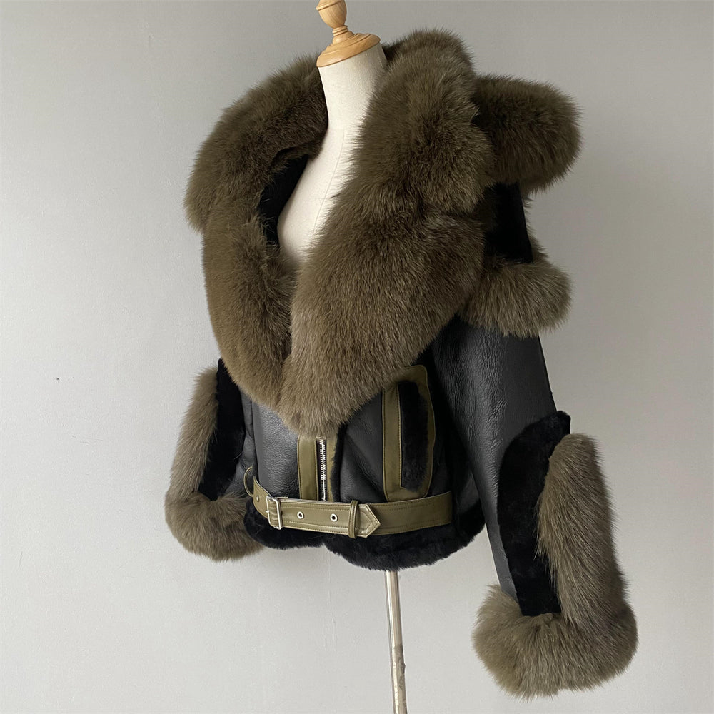 New Design Real Fox Fur Collar And Trim Genuine Leather Belt Fashion Women Leather Shearling Custom Coat