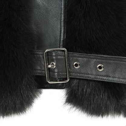 Turn-down Collar Real Fox Fur Zipper Belt Design Custom Genuine Leather Jacket Women