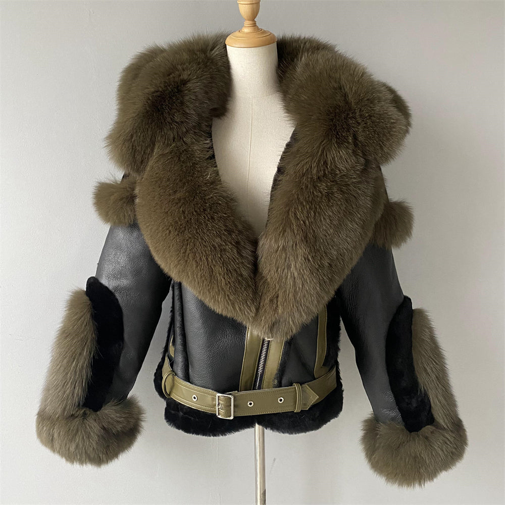 New Design Real Fox Fur Collar And Trim Genuine Leather Belt Fashion Women Leather Shearling Custom Coat