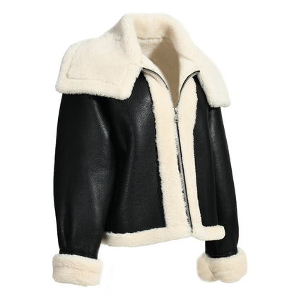 Zipper And Belt Design Genuine Shearling Jacket With Lamb Fur Wholesale Winter Women Shearling Coat