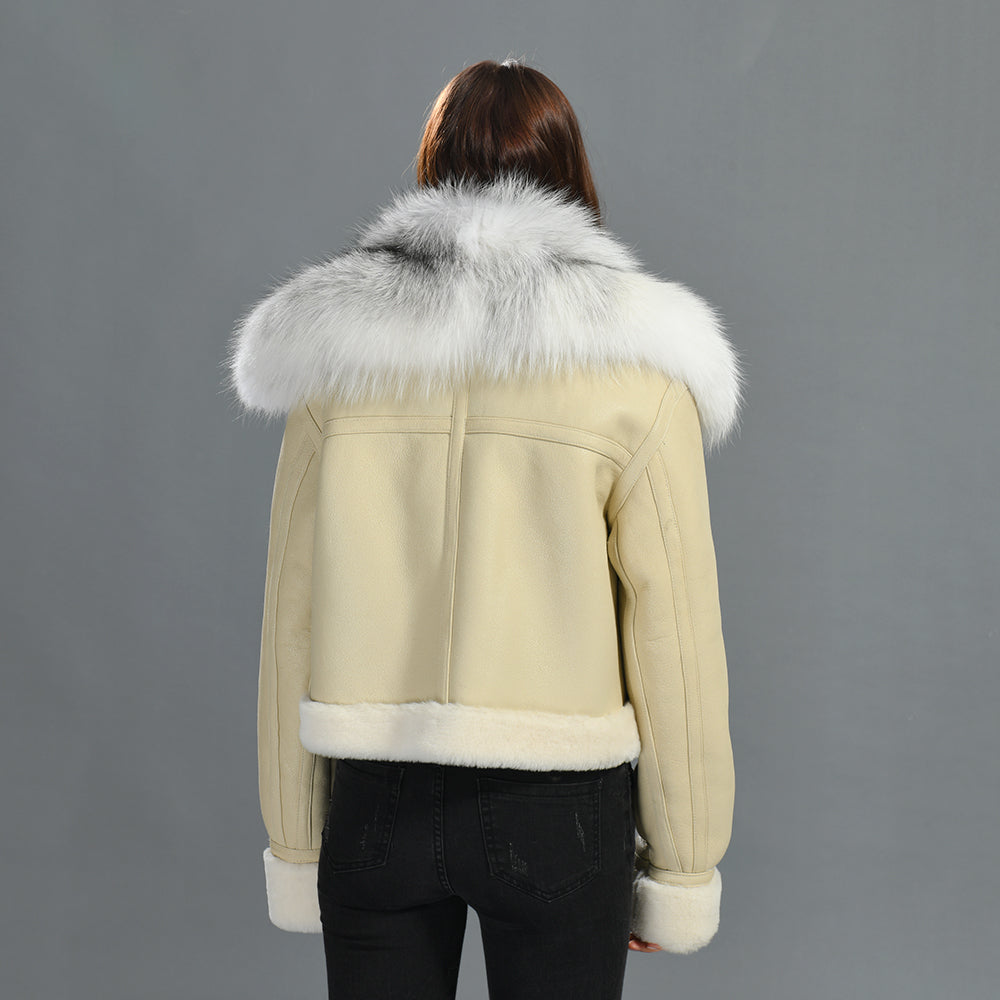 Winter Warm Thick Shearling Coat With Removable Real Luxury Fur Collar Women Genuine Shearling Jacket Coat