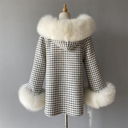 Regular Length Hooded Plaid Cashmere Coat With Real Fox Fur