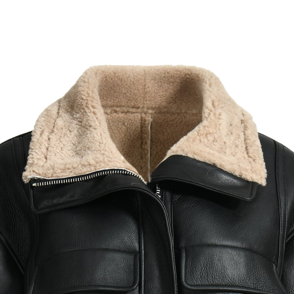 Winter Warm Thick Genuine Leather Jacket Turtle Neck Lamb Fur Jacket Women Fur Sheep Shearling Coat