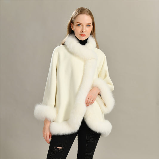 Jaxmonoy Elegant Women Cashmere Coat With Real Fur Collar Luxury Cloak