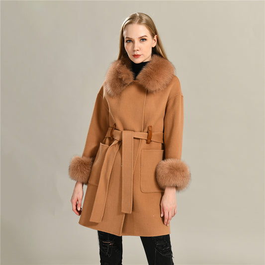 Jaxmonoy High-end Cashmere Coat With Big Real Fur Collar And Cuffs