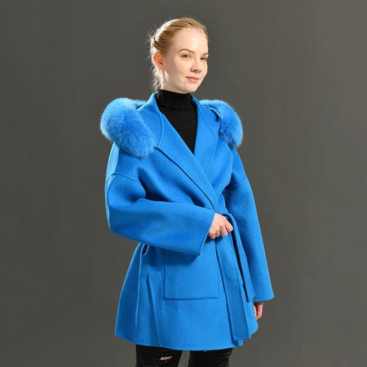 Jaxmonoy Oversize Loose Cashmere Wool Coat with Real Fox Fur Collar Winter Women Hood Outerwear Belt