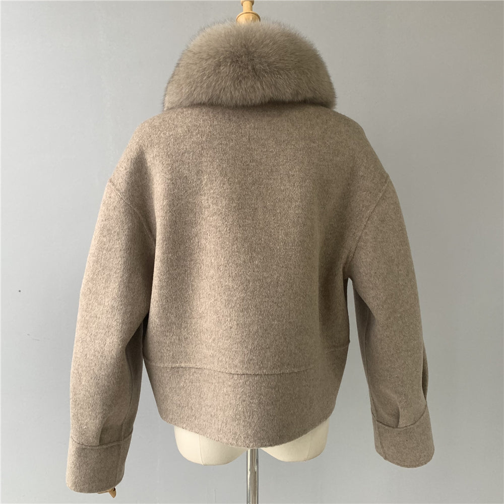 Jaxmonoy Women Cashmere Coat With Fur Collar Short Style