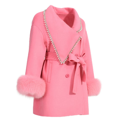 Winter New Style Turn-down V-neck Double-sided Wool Coat High Quality Women Real Fox Fur Cuff Cashmere Coatings