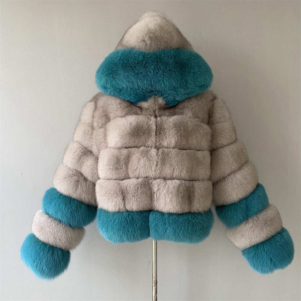 Mixed Color Real Fluffy Fox Fur Coat With Hood Design Wholesale Popular Winter Clothes For Women