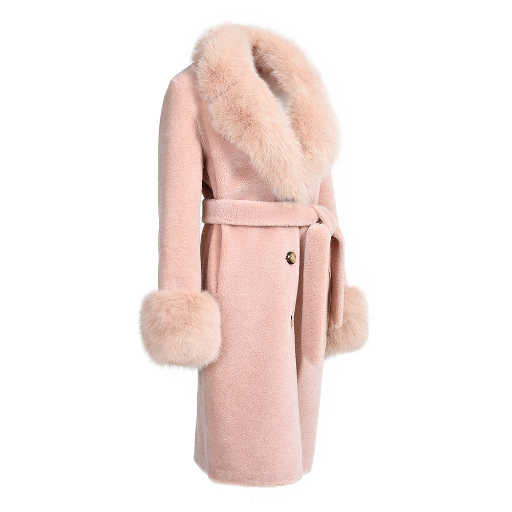 Winter Ladies Long Lamb Fur Fleece Jacket Custom Color Genuine Sheep Shearling Fox Fur Collar Teddy Bear Coat Women