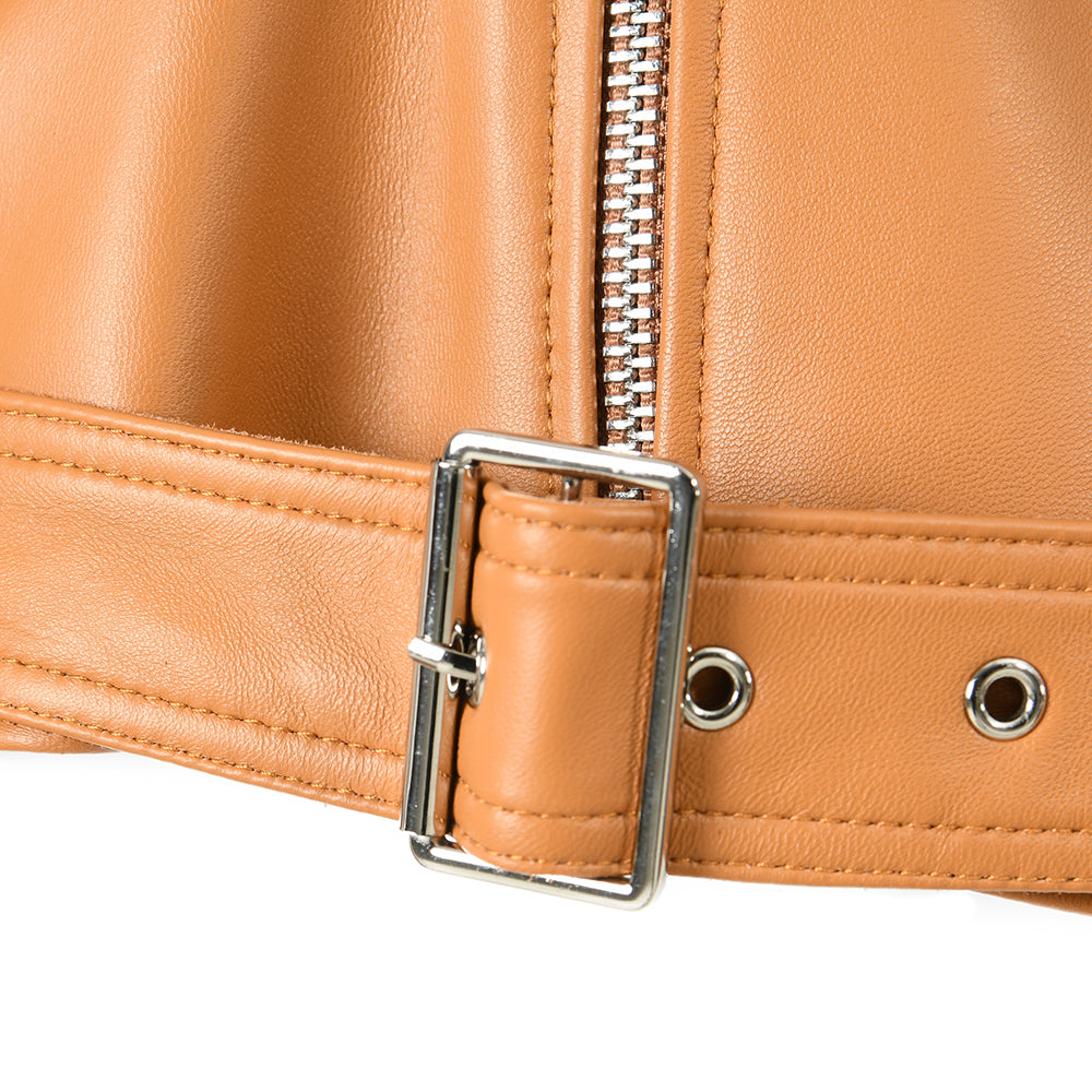 Spring Pure Color Genuine Leather Jackets With Belt And Zipper