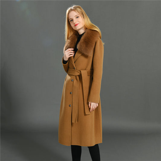 Jaxmonoy Stylish Cashmere Coat Fluffy Fox Fur Collar